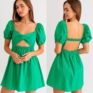 NWT Le Lis Green Twisted Front Open Back Puff Sleeve Mini Dress